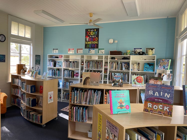 library full of windows and colourful books