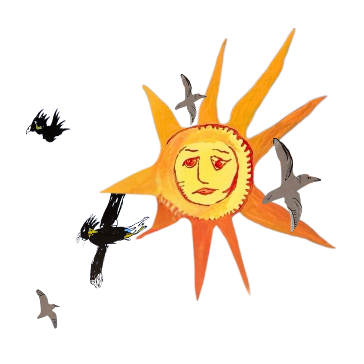 childs drawing of sun with face and birds
